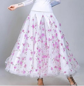 White fuchsia blue flowers ballroom dance skirts for women girls Embroidered floral waltz tango foxtrot smooth dance long swing skirts for female